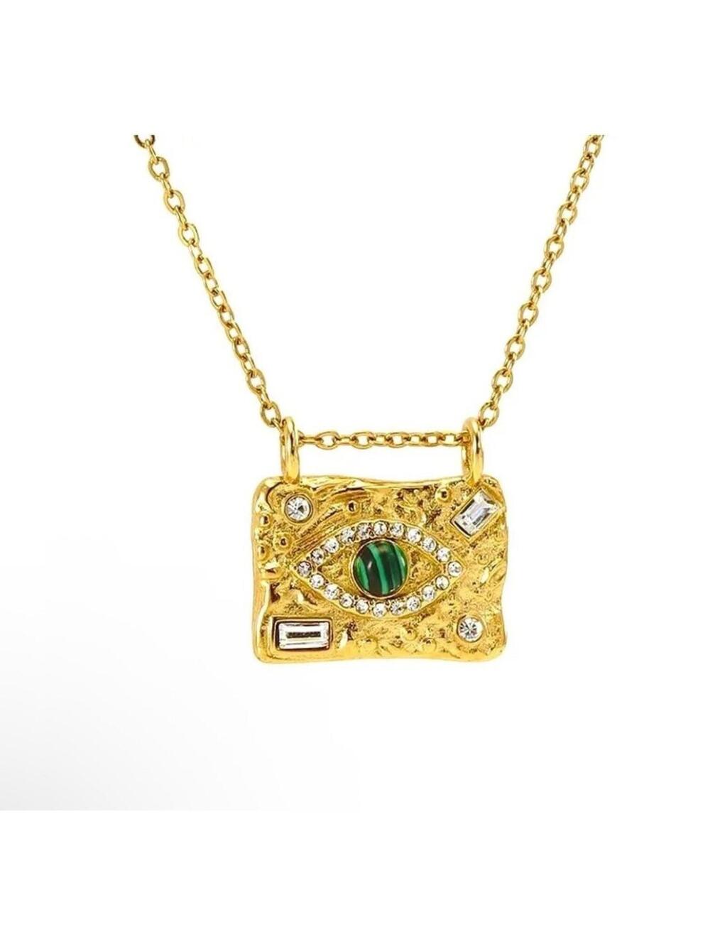 Asli Malachite Eye Pendant Gold Tone Necklace Malachite Stainless Glass Stone 14